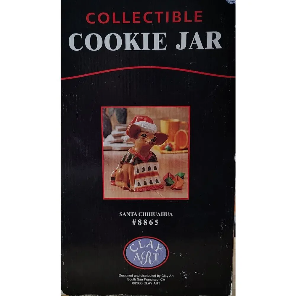 Vintage Clay Art Santa Chihuahua Cookie Jar #8865 Holiday Christmas W/Box 1999